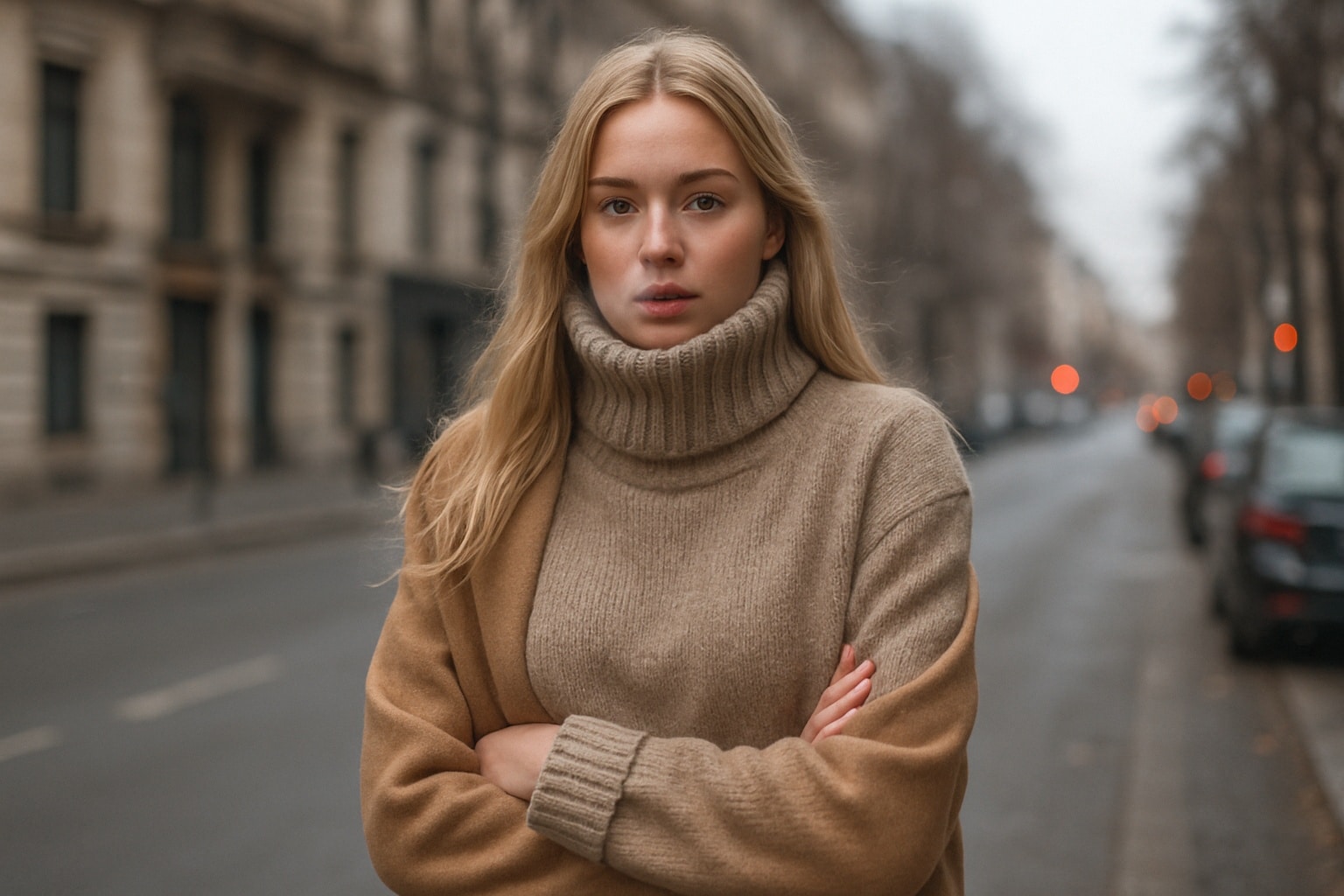 Jeune femme blonde en pull col roulé beige et manteau camel, bras croisés, dans une rue européenne hivernale floue.