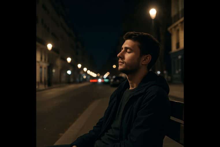 Jeune homme assis seul sur un banc dans une rue de ville la nuit, yeux fermés, profitant calmement de la solitude.