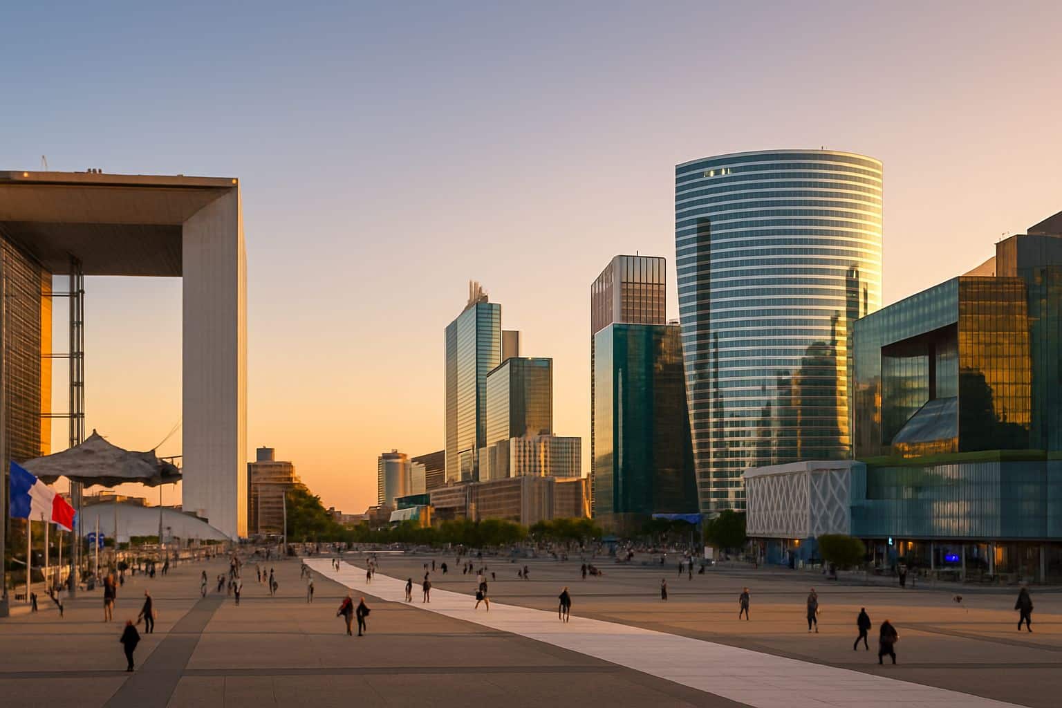 Vue panoramique réaliste de La Défense au soleil couchant, Grande Arche et tours vitrés, foule clairsemée sur l’esplanade.