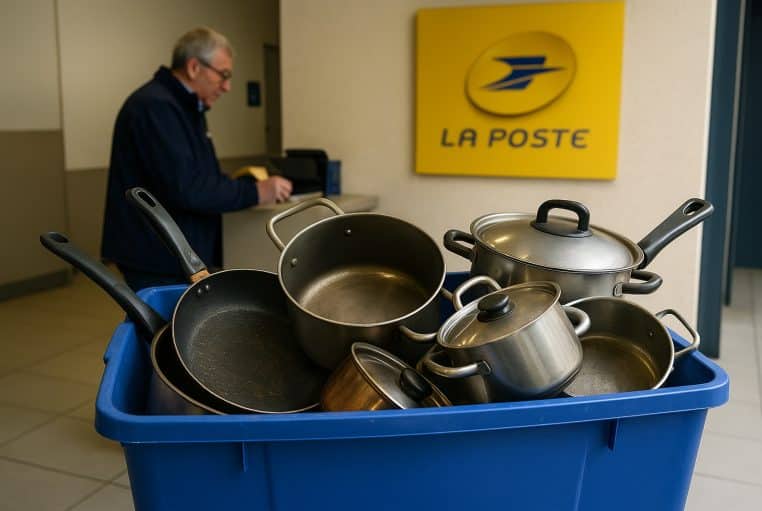 Bac bleu rempli de poêles et casseroles usées dans un bureau de poste, employé flou au fond devant un grand logo jaune.