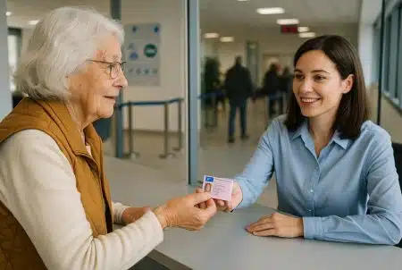 Au guichet d’un service public, une agente remet à une conductrice senior son permis européen.