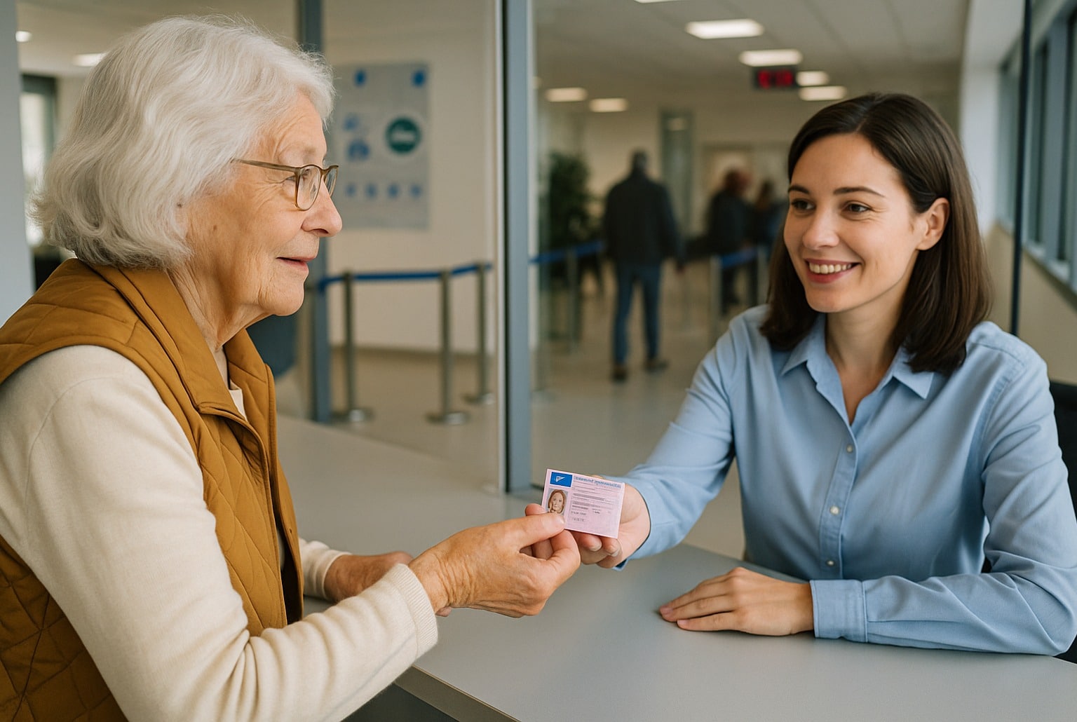 Au guichet d’un service public, une agente remet à une conductrice senior son permis européen.
