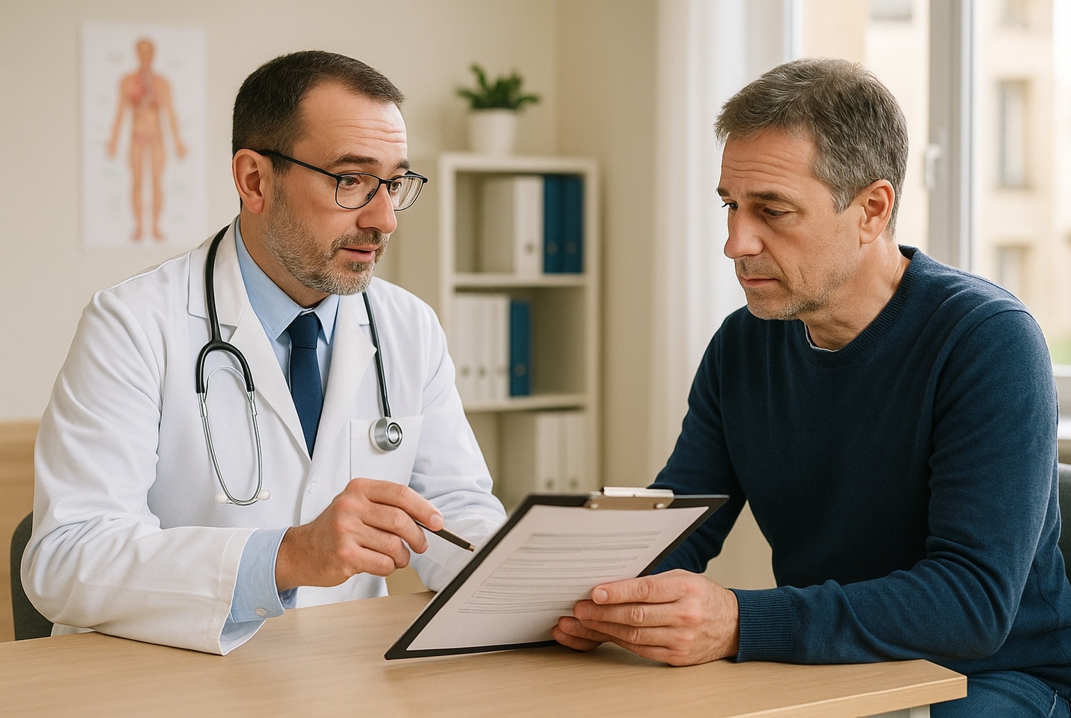 Médecin et patient d’âge moyen discutant d’un arrêt de travail lié à une affection de longue durée dans un cabinet médical lumineux.