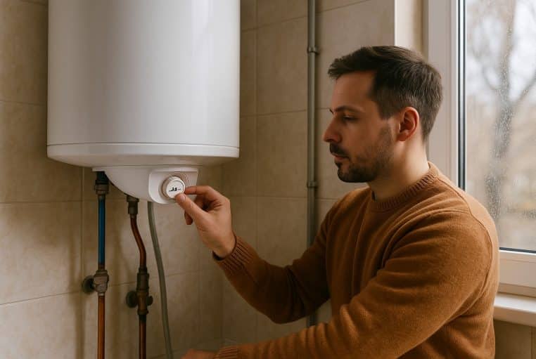 Homme réglant le thermostat d’un chauffe-eau mural dans un local lumineux, avec focus sur la molette et la tuyauterie en cuivre.