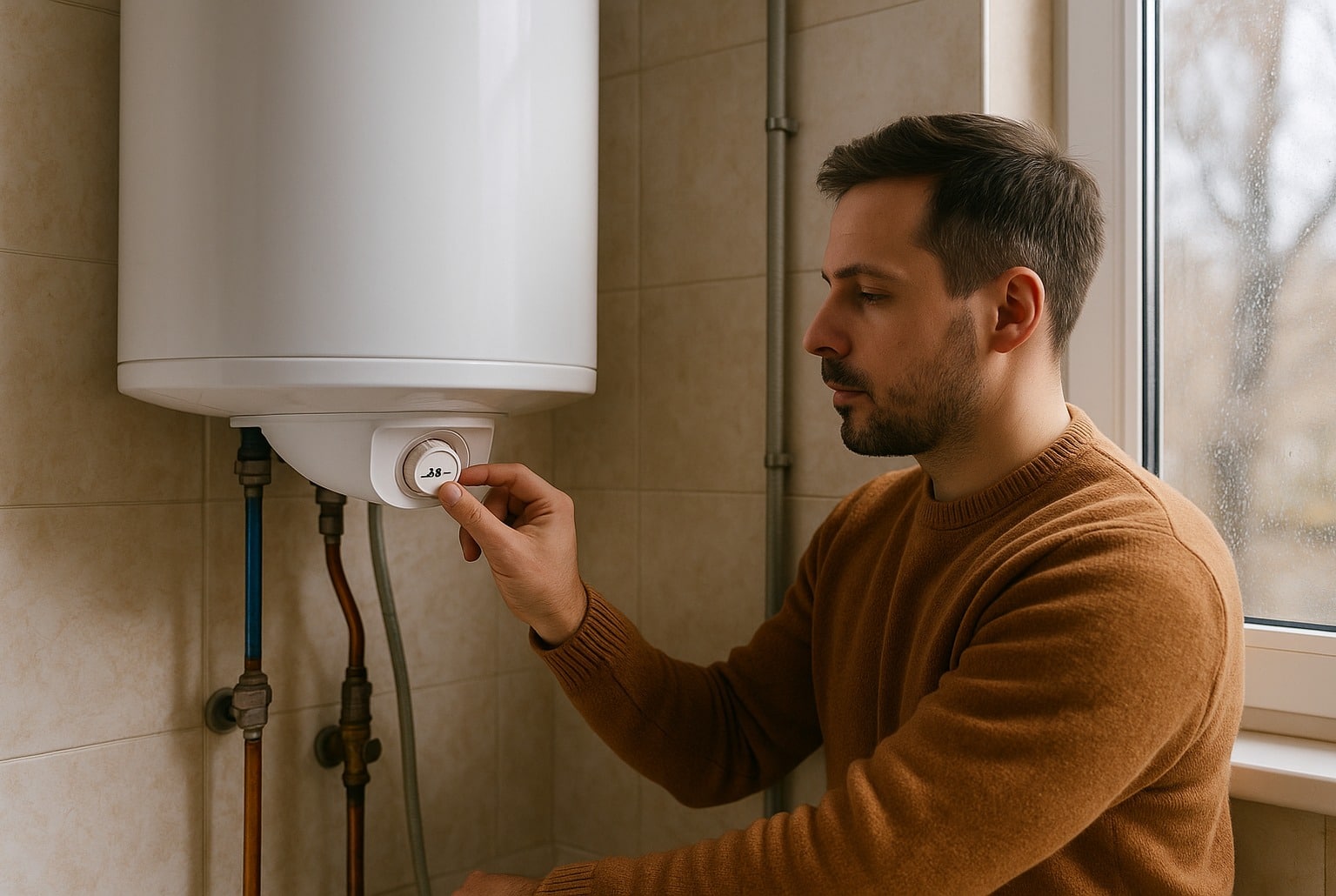 Homme réglant le thermostat d’un chauffe-eau mural dans un local lumineux, avec focus sur la molette et la tuyauterie en cuivre.