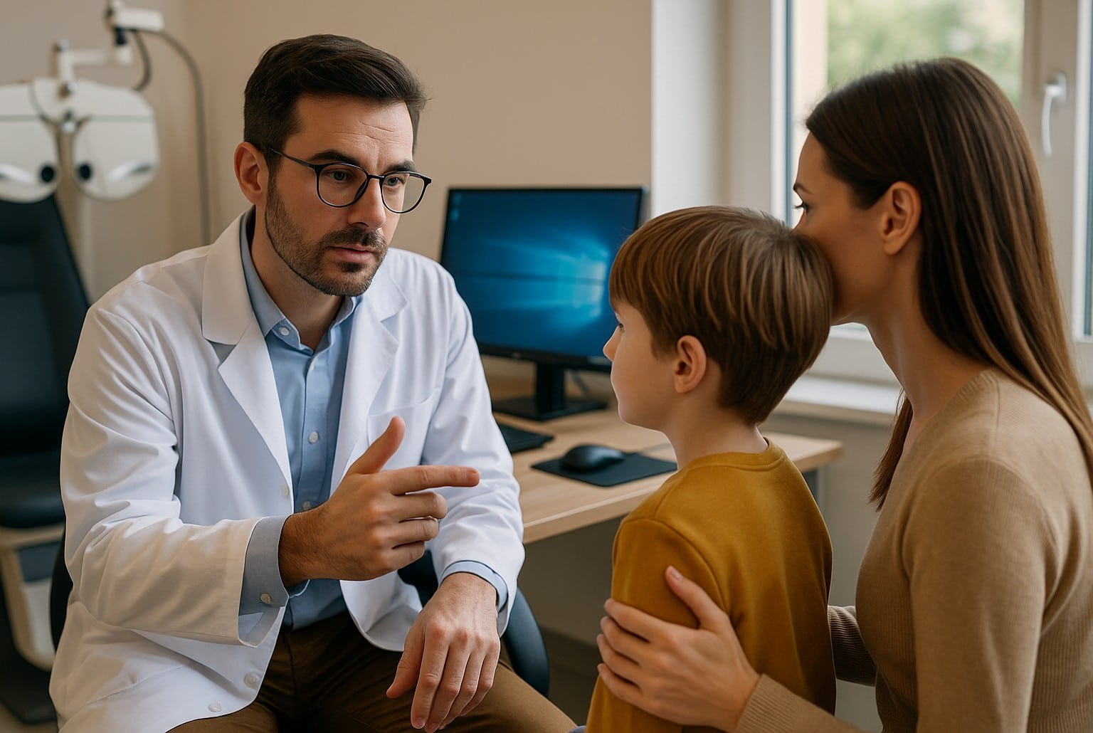 Ophtalmologiste en blouse blanche conseille un enfant et sa mère pour limiter la fatigue visuelle provoquée par les écrans.