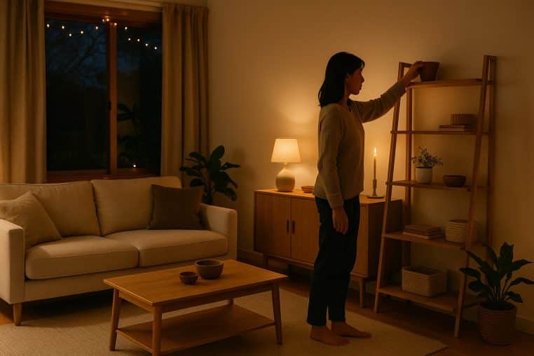 Femme en pull beige range une étagère en bois dans un salon japandi chaleureux, éclairé par une lampe et une bougie.