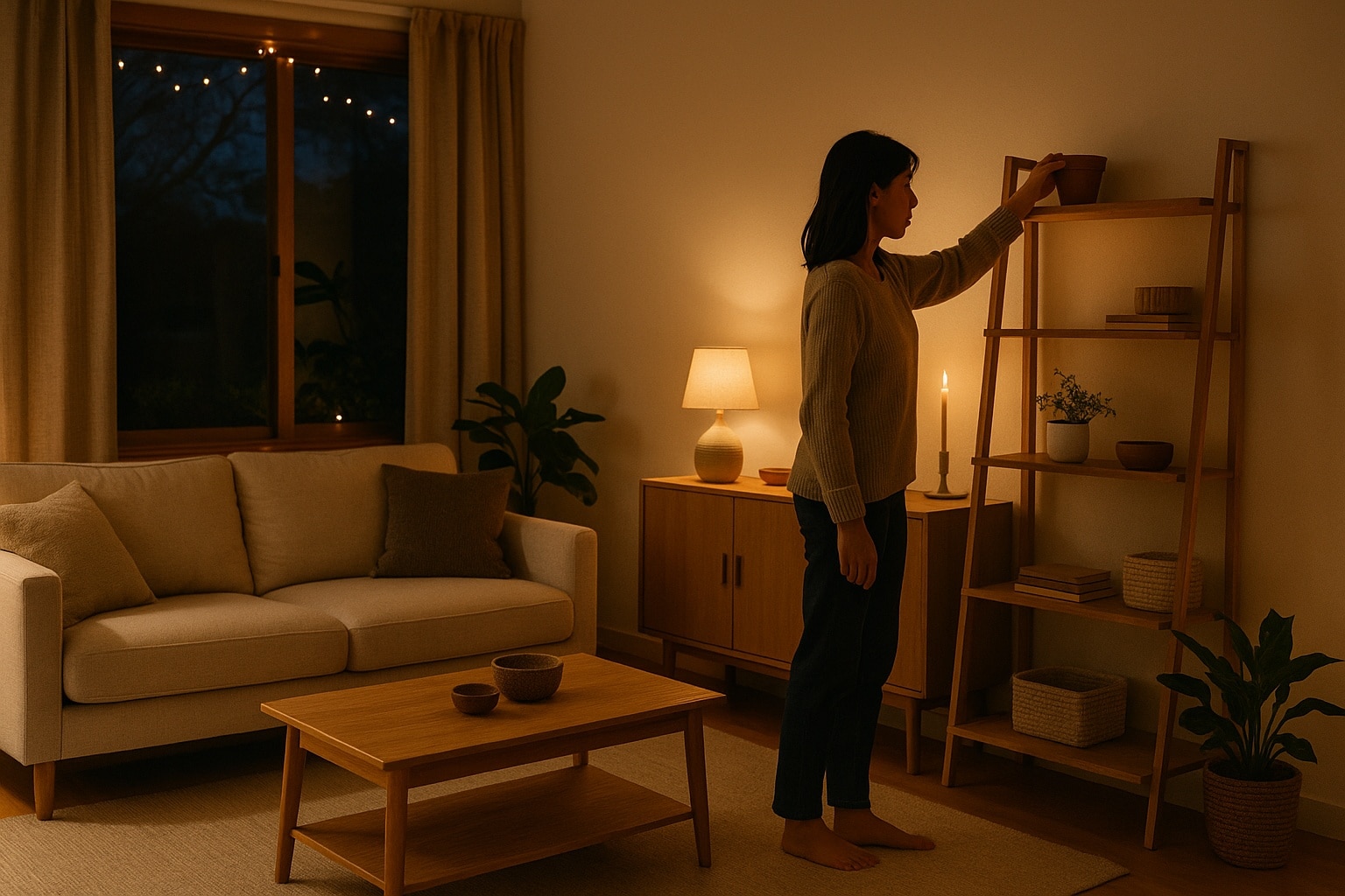 Femme en pull beige range une étagère en bois dans un salon japandi chaleureux, éclairé par une lampe et une bougie.