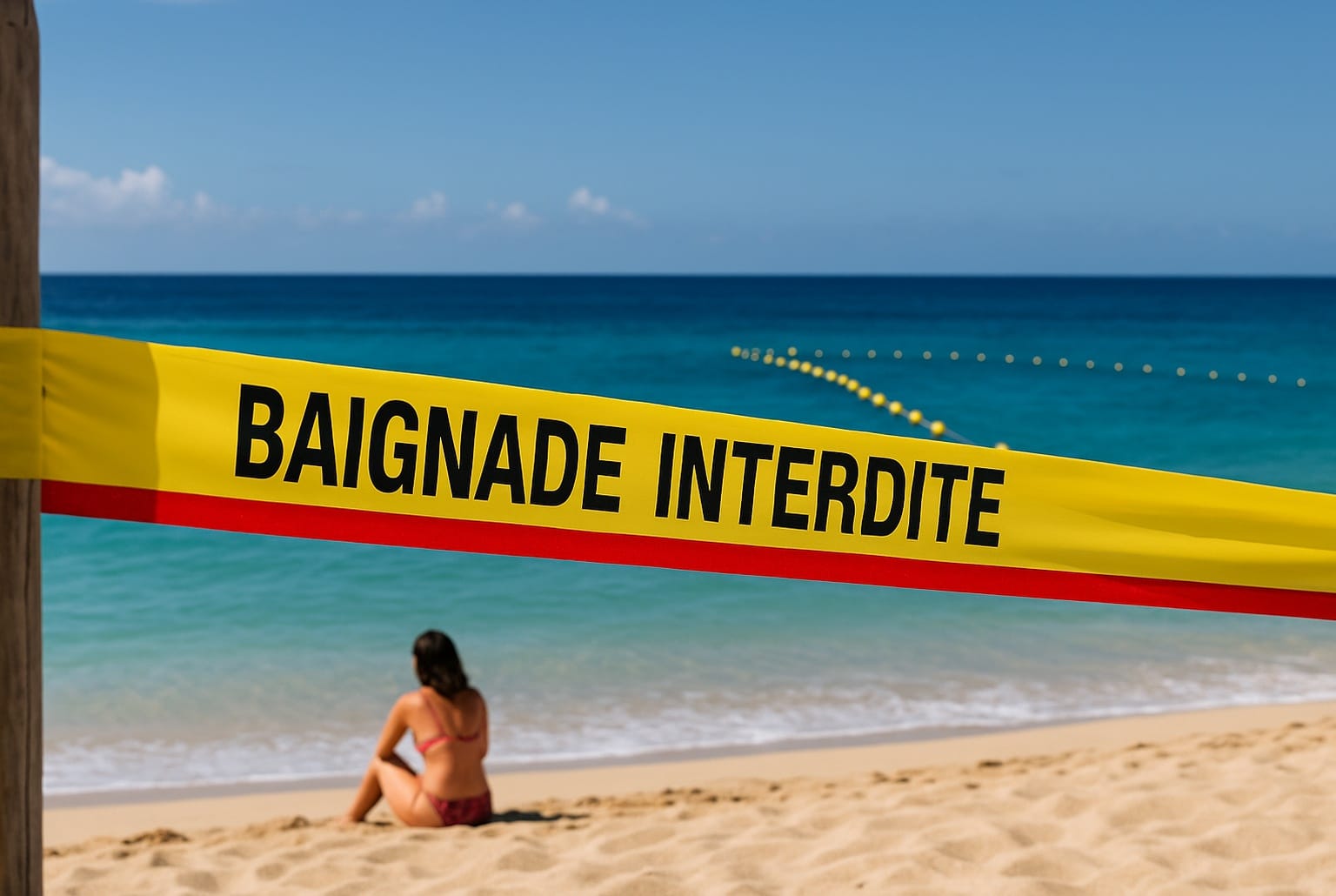 Ruban jaune « baignade interdite » tendu devant une plage tropicale, avec une femme assise sur le sable face à l’océan bleu.