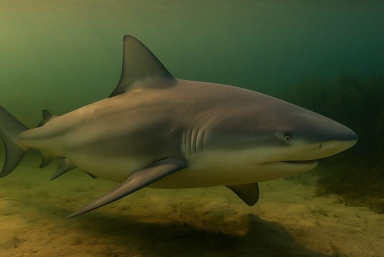 Requin bouledogue en estuaire saumâtre, profil musclé au soleil rasant, au-dessus d’un fond sableux.