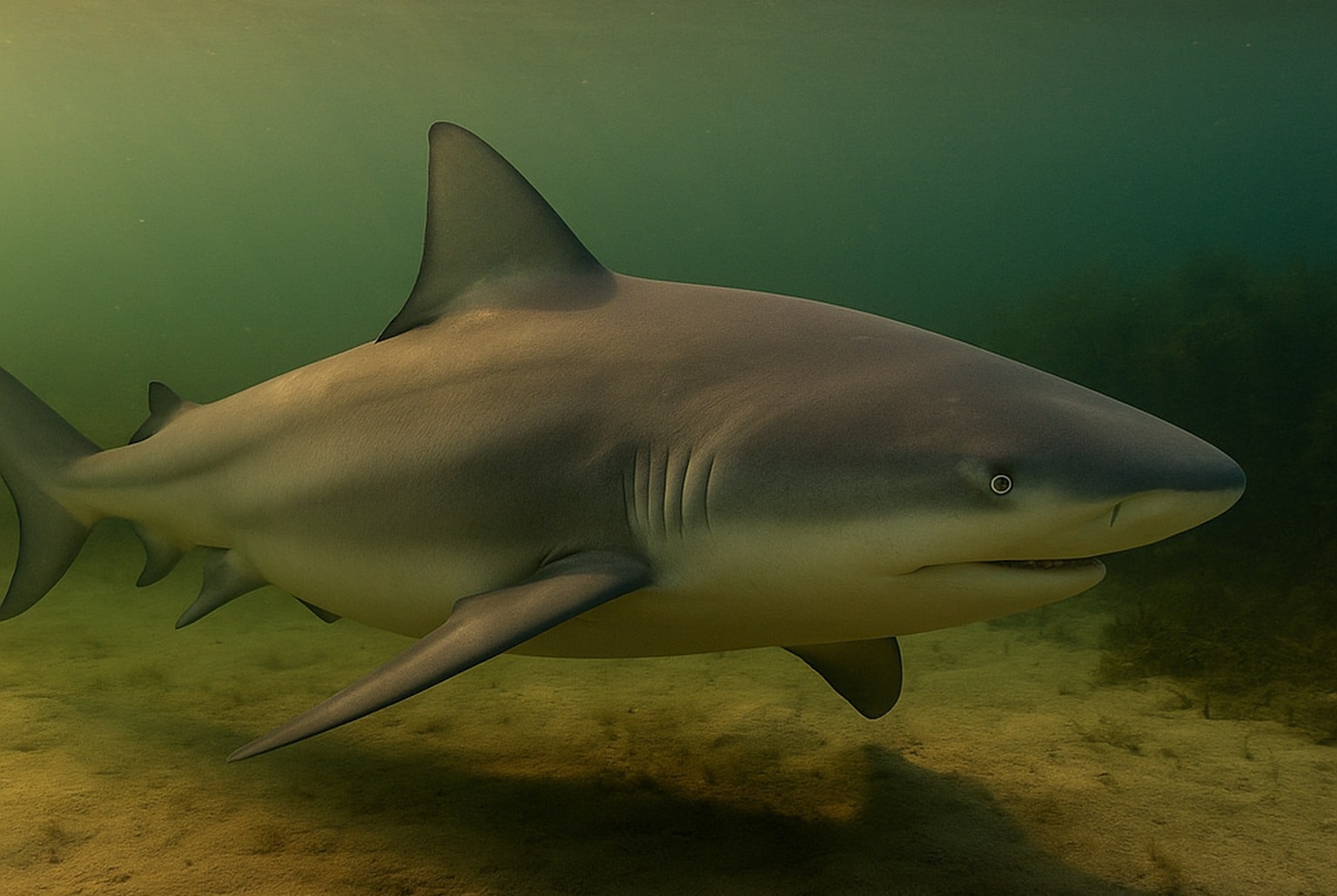 Requin bouledogue en estuaire saumâtre, profil musclé au soleil rasant, au-dessus d’un fond sableux.