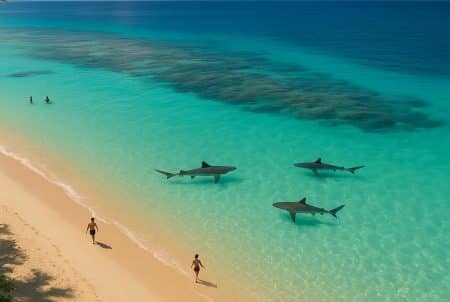Vue aérienne d’une plage de Nouméa avec quelques baigneurs et trois requins nageant dans l’eau turquoise près du rivage.
