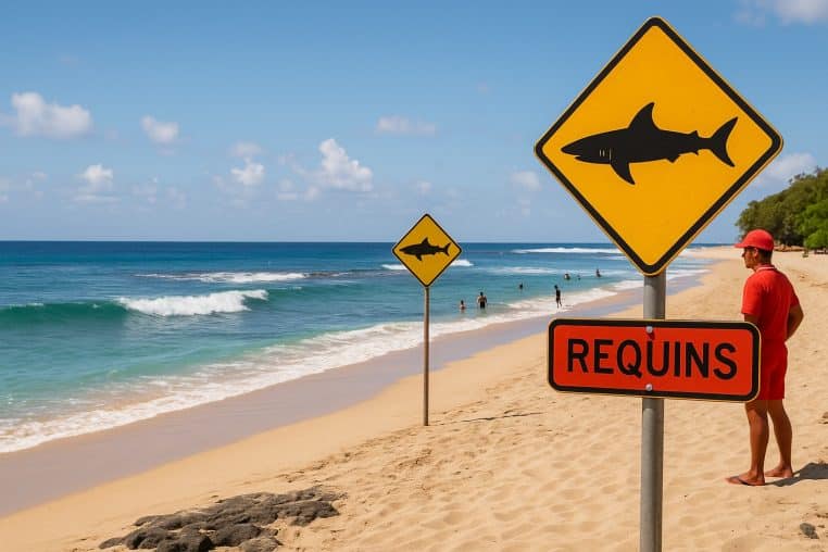 Sur une plage de La Réunion, un panneau de danger requins domine la scène tandis que des baigneurs profitent encore de l’océan au second plan.