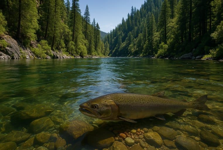 Saumon chinook nageant au ras du fond rocheux d’une rivière claire bordée de pins, dans un canyon verdoyant de Californie du Nord.