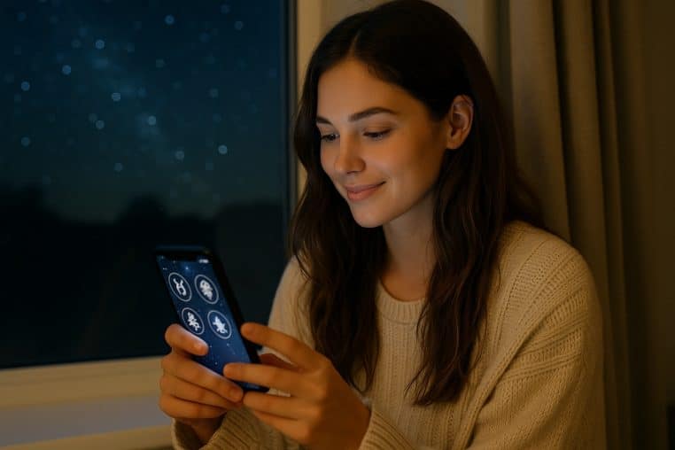 Jeune femme souriante consultant son horoscope sur son smartphone près d’une fenêtre donnant sur un ciel étoilé nocturne.