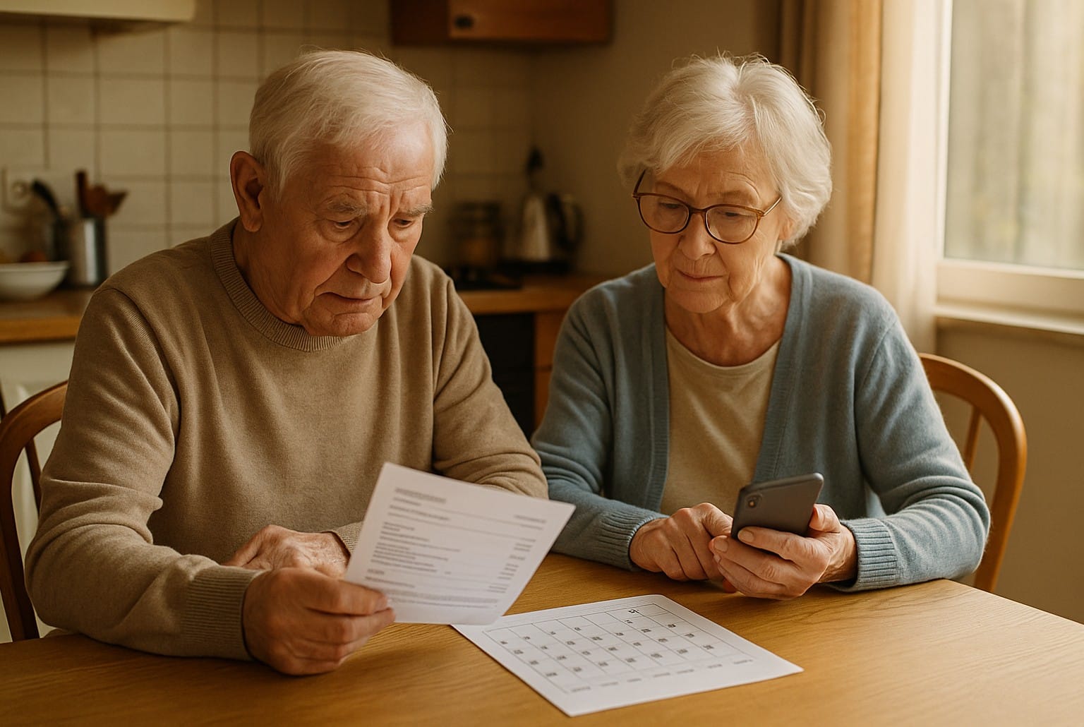 Couple de retraités français consultant un relevé bancaire près d’un calendrier sur la table, lumière du matin, format horizontal.