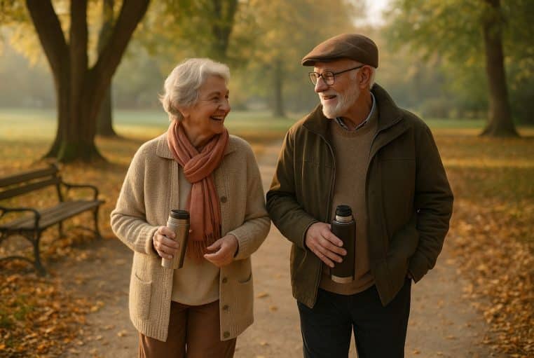 Couple de seniors marchant dans un parc d’automne, chacun tenant un thermos, sourires complices sous une lumière douce filtrée par les arbres.