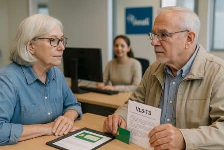 Couple de retraités américains au guichet d’un centre d’Assurance maladie en France, documents VLS-TS et carte Vitale posés sur le comptoir.