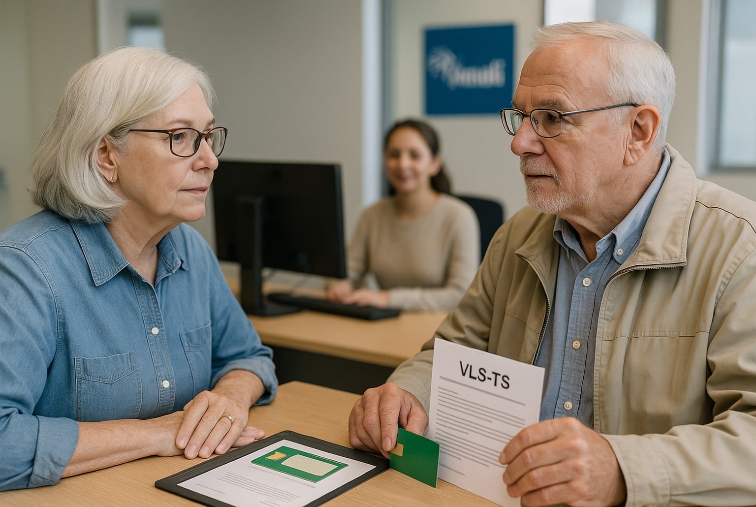 Couple de retraités américains au guichet d’un centre d’Assurance maladie en France, documents VLS-TS et carte Vitale posés sur le comptoir.