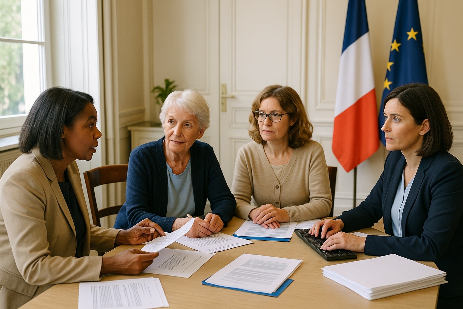 Quatre femmes fonctionnaires discutent autour d’une table de réunion, examinant des dossiers de retraite dans un bureau officiel.