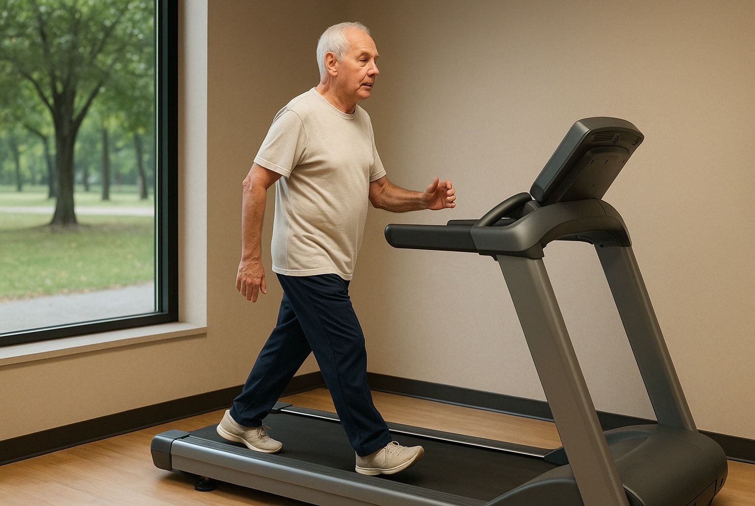 Homme senior marchant à reculons sur un tapis de course dans une salle lumineuse, regard concentré, fenêtre donnant sur un parc verdoyant en arrière-plan