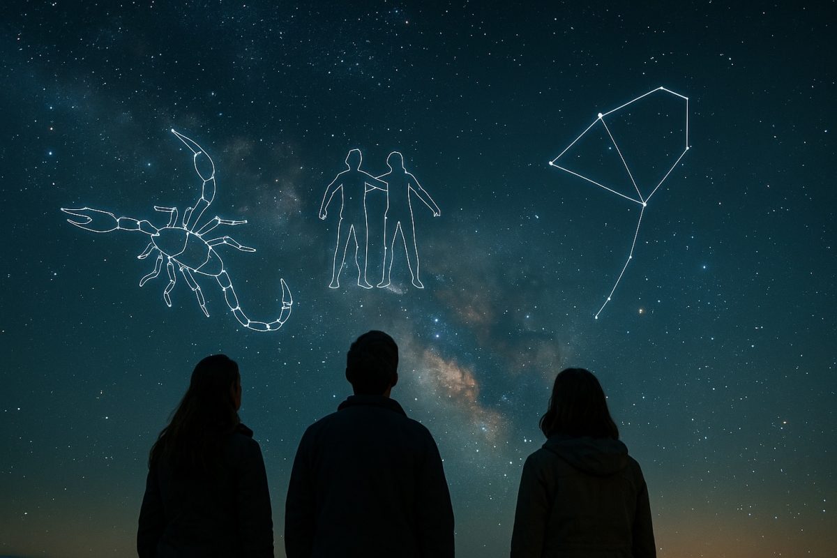 Trois silhouettes de dos observent un ciel nocturne étoilé où se dessinent en lignes lumineuses trois constellations du zodiaque.