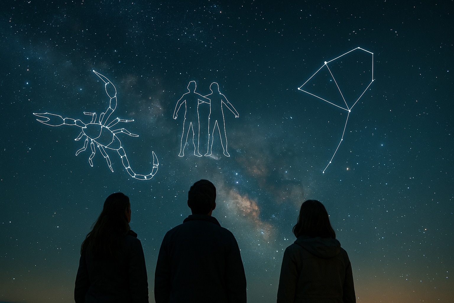Trois silhouettes de dos observent un ciel nocturne étoilé où se dessinent en lignes lumineuses trois constellations du zodiaque.