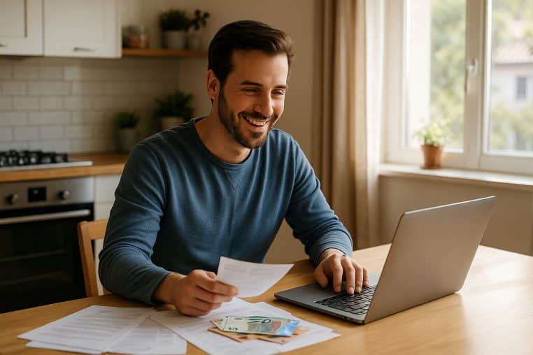 Homme d’environ trente ans souriant devant un ordinateur portable, des papiers et des billets d’euros étalés sur la table.