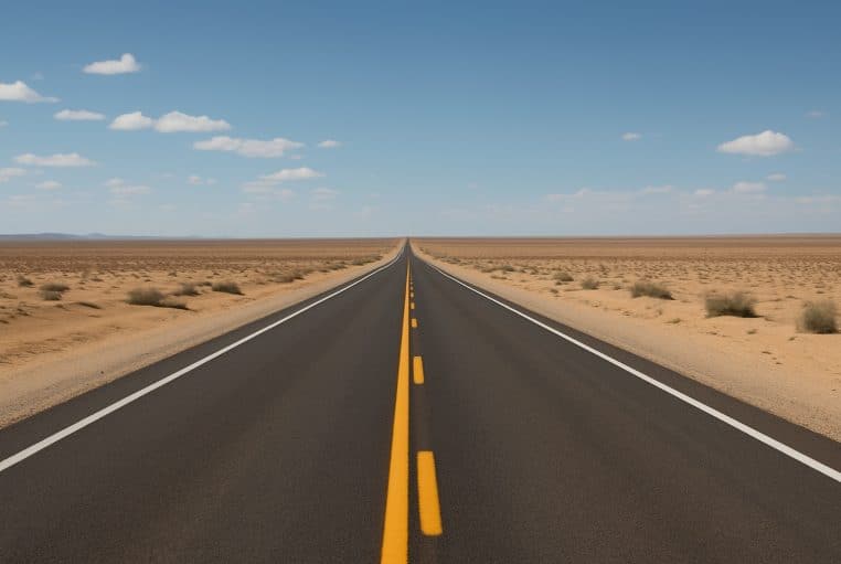 Longue route asphaltée à deux voies traversant un désert plat, s’étirant vers l’horizon sous un ciel bleu légèrement nuageux.