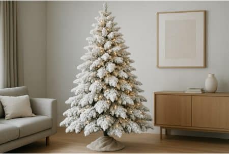 Sapin de Noël artificiel enneigé dans un salon moderne, entouré d’un canapé gris et d’un meuble en bois clair.