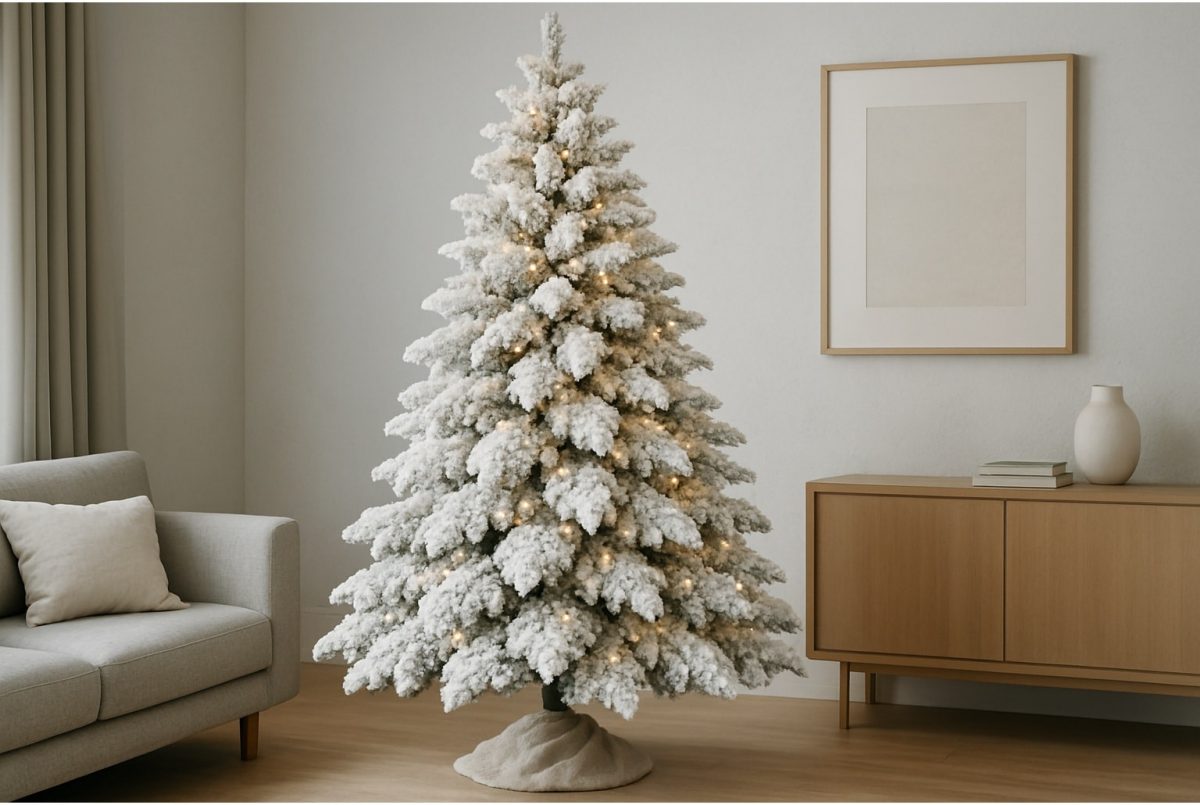 Sapin de Noël artificiel enneigé dans un salon moderne, entouré d’un canapé gris et d’un meuble en bois clair.