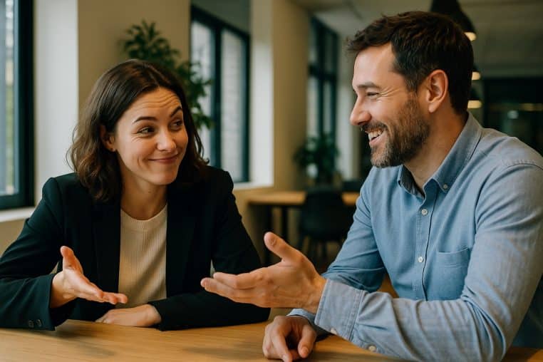 Deux collègues discutent avec un sourire en coin dans un bureau lumineux, illustrant un échange teinté de sarcasme complice.
