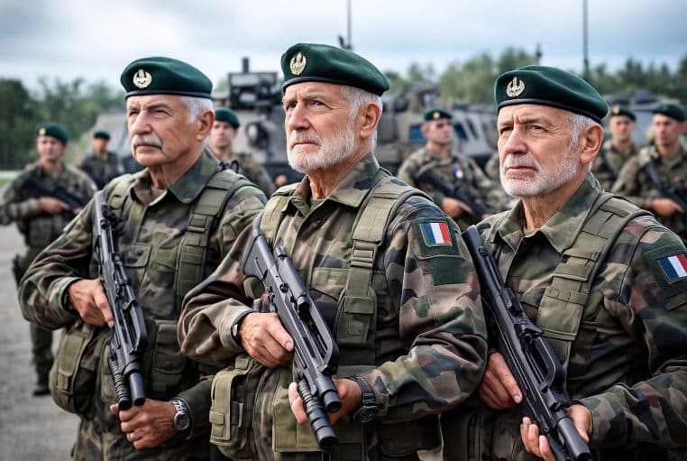 Trois réservistes français seniors en uniforme camouflé, fusil en main, devant des soldats plus jeunes flous derrière.