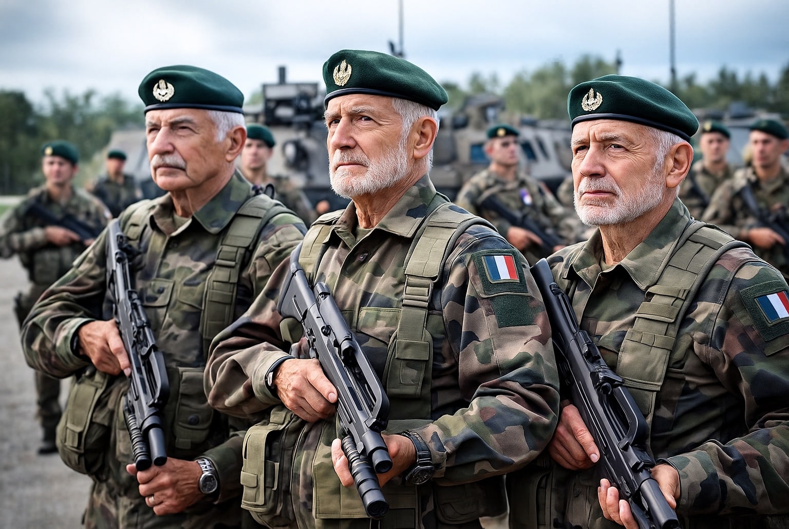 Trois réservistes français seniors en uniforme camouflé, fusil en main, devant des soldats plus jeunes flous derrière.