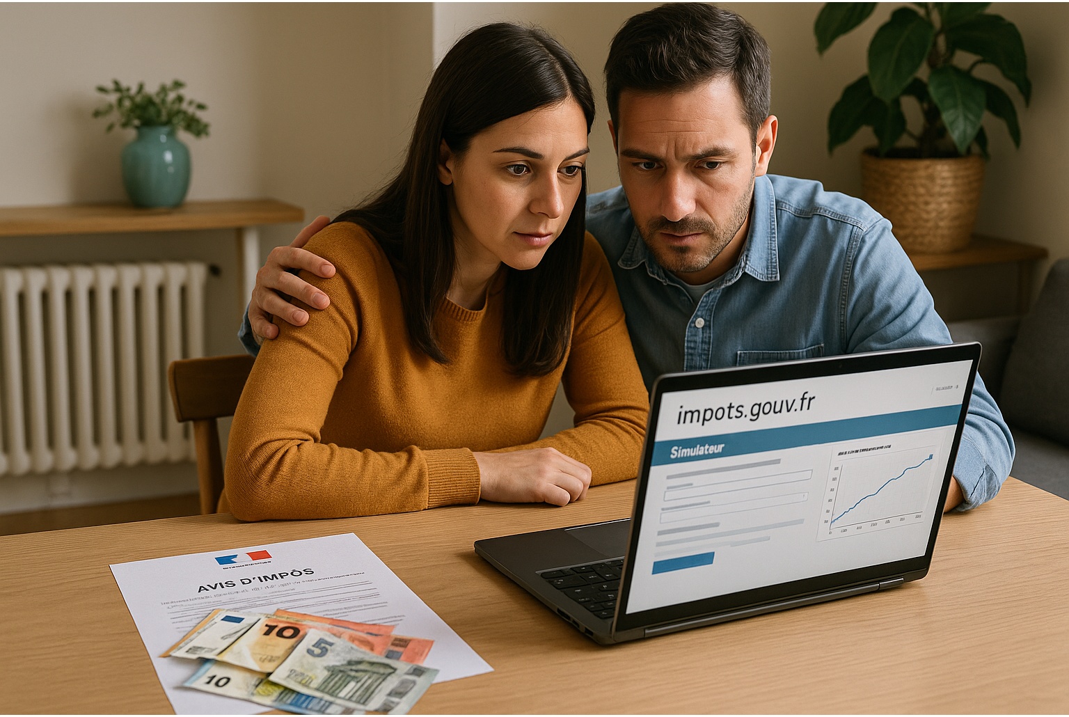 Couple concentré devant un ordinateur ouvert sur le site des impôts français, calculant leur impôt et le seuil de revenu non imposable pour 2026