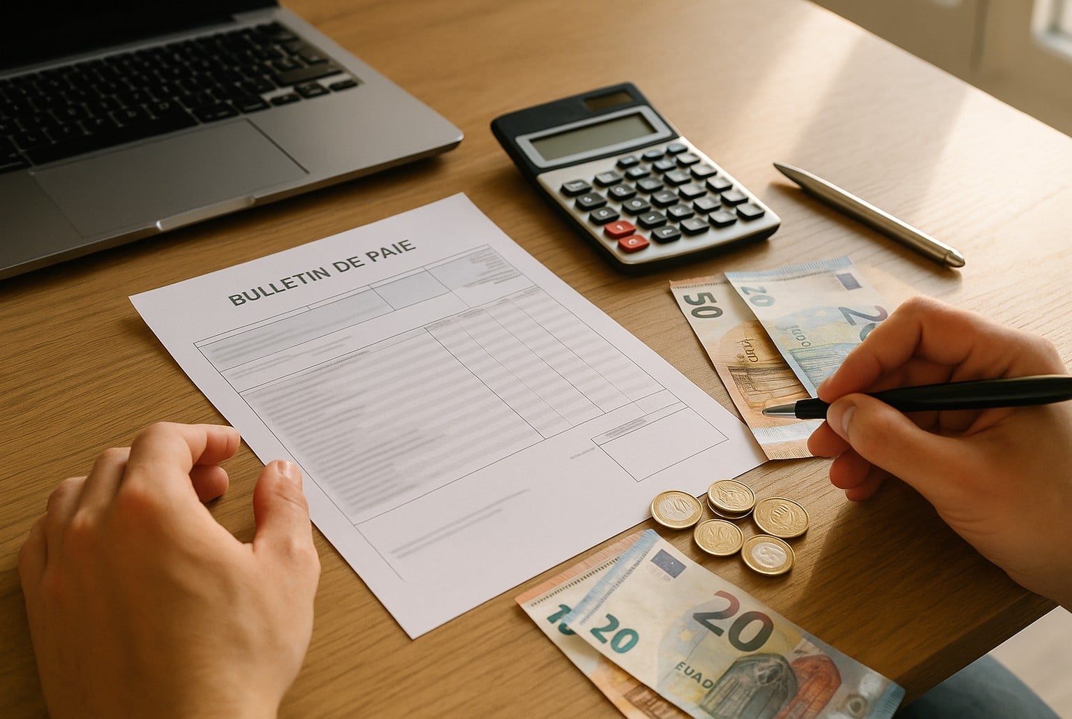 Bulletin de paie sur bureau en bois, billets et pièces en euros, calculatrice et stylo au premier plan, éclairage naturel latéral.