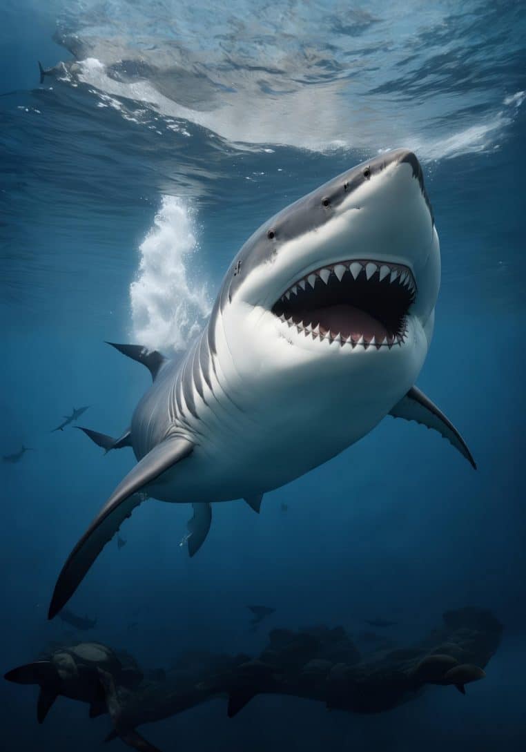 Illustration d’un requin nageant dans une mer bleu profond, corps entier visible, évoquant un grand prédateur marin.