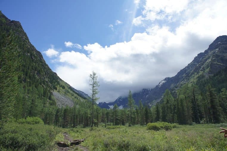 Vallée verdoyante entourée de montagnes rocheuses et de forêts de conifères sous un ciel partiellement nuageux.