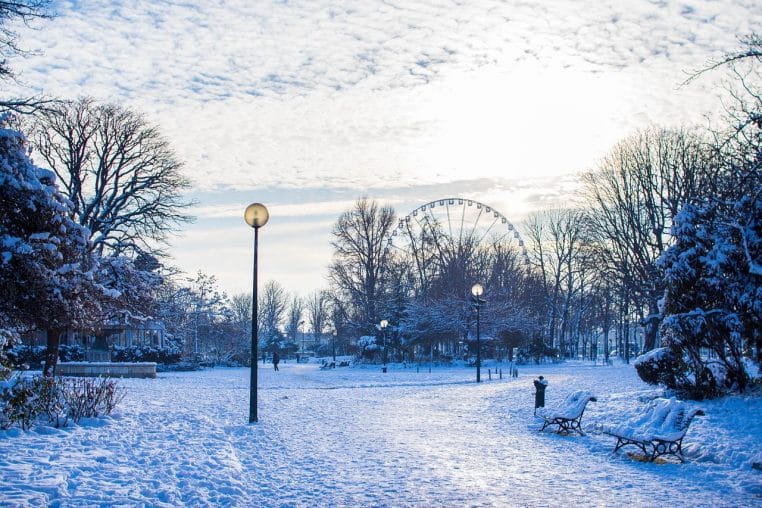 Paysage urbain parisien recouvert de neige épaisse, arbres givrés et bâtiments alignés le long d’une rue calme en plein hiver