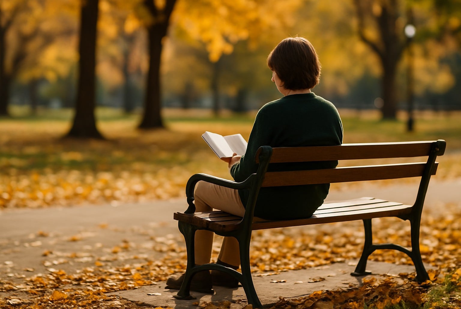 Personne seule sur un banc de parc en automne, lisant au soleil, feuilles dorées, ambiance apaisée.
