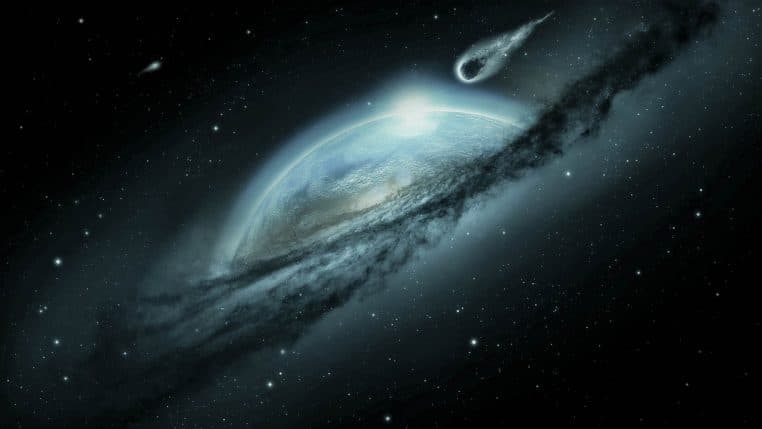 Vue artistique d’une planète semblable à la Terre traversant une galaxie sombre tandis qu’une météorite lumineuse se dirige vers elle.