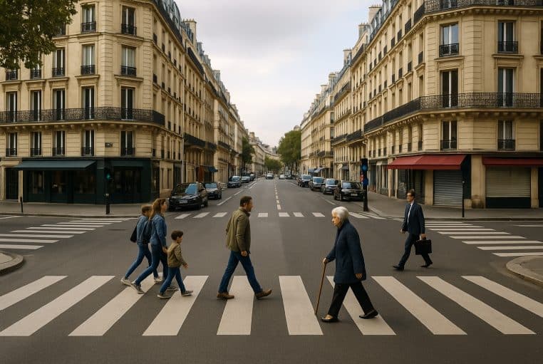 Rue parisienne avec passage piéton dégagé, piétons traversant et voitures garées plus loin pour illustrer la nouvelle règle.