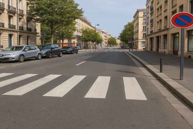 Rue urbaine française avec passage piéton dégagé, voitures garées en retrait et panneau de stationnement interdit.