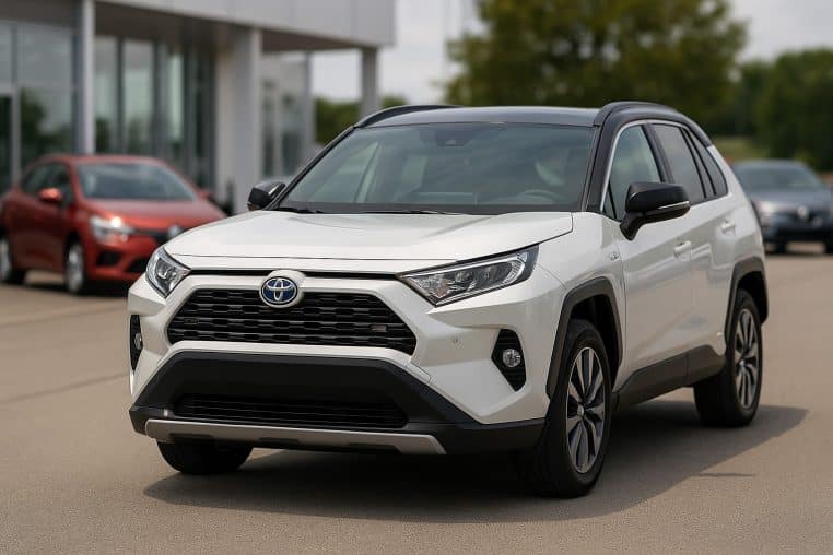SUV Toyota blanc stationné devant une concession, de trois-quarts avant, illustrant la stratégie de développement à long terme du constructeur.