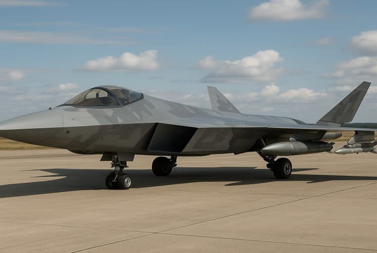 Avion de chasse furtif gris à l’arrêt sur un tarmac, vu de trois-quarts avant sous un ciel bleu légèrement nuageux.