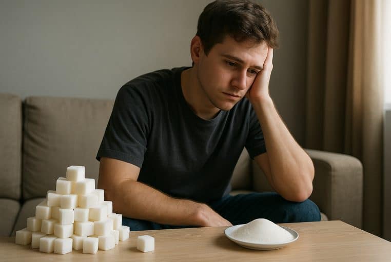 Jeune homme assis à une table, l’air abattu, observant un tas de cubes de sucre et une assiette de sucre blanc devant lui.