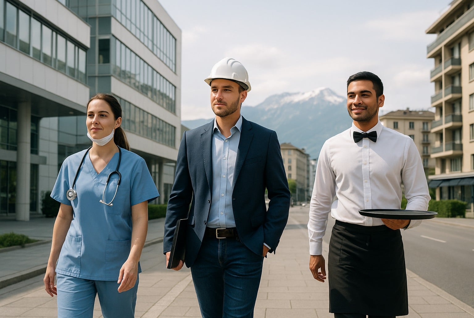 Trois professionnels, infirmière, ingénieur et serveur, marchent dans une rue moderne de Suisse avec les Alpes enneigées en arrière-plan.