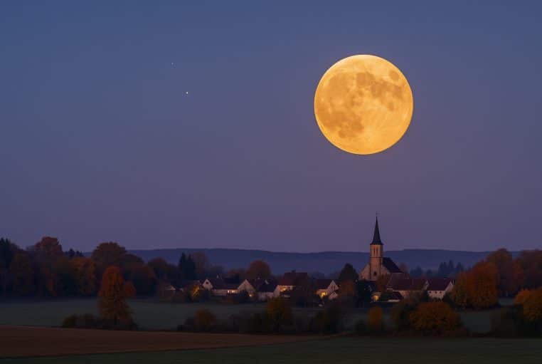 Super Lune du Castor dorée se levant au-dessus d’un village français au crépuscule, ciel clair d’automne.