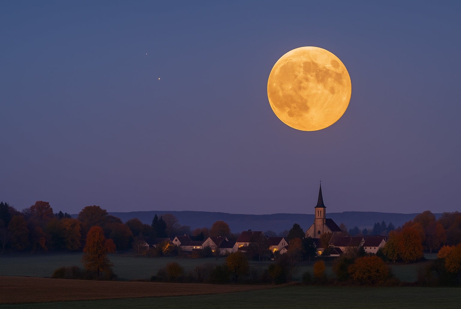 Super Lune du Castor dorée se levant au-dessus d’un village français au crépuscule, ciel clair d’automne.