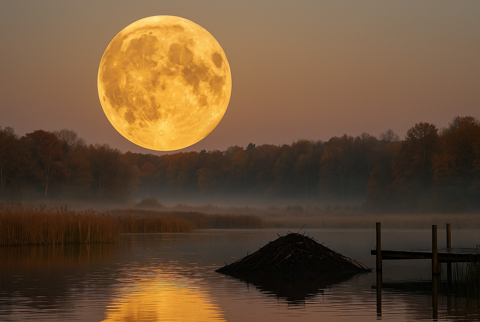 Superlune du Castor se levant au-dessus d’un lac d’automne brumeux, reflet doré sur l’eau et détail des cratères bien visible.